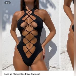 Black lace up plunge one piece swimsuit